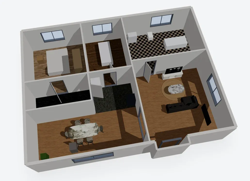 3D-plan sett ovanifrån, inrett med möbler och golvmaterial