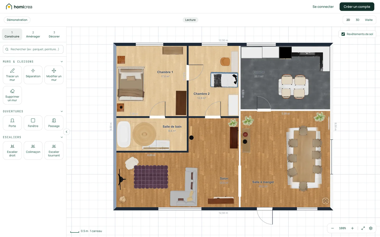 2D-vy av en plan som delas på Homicrea, med rum, ytor och möbler