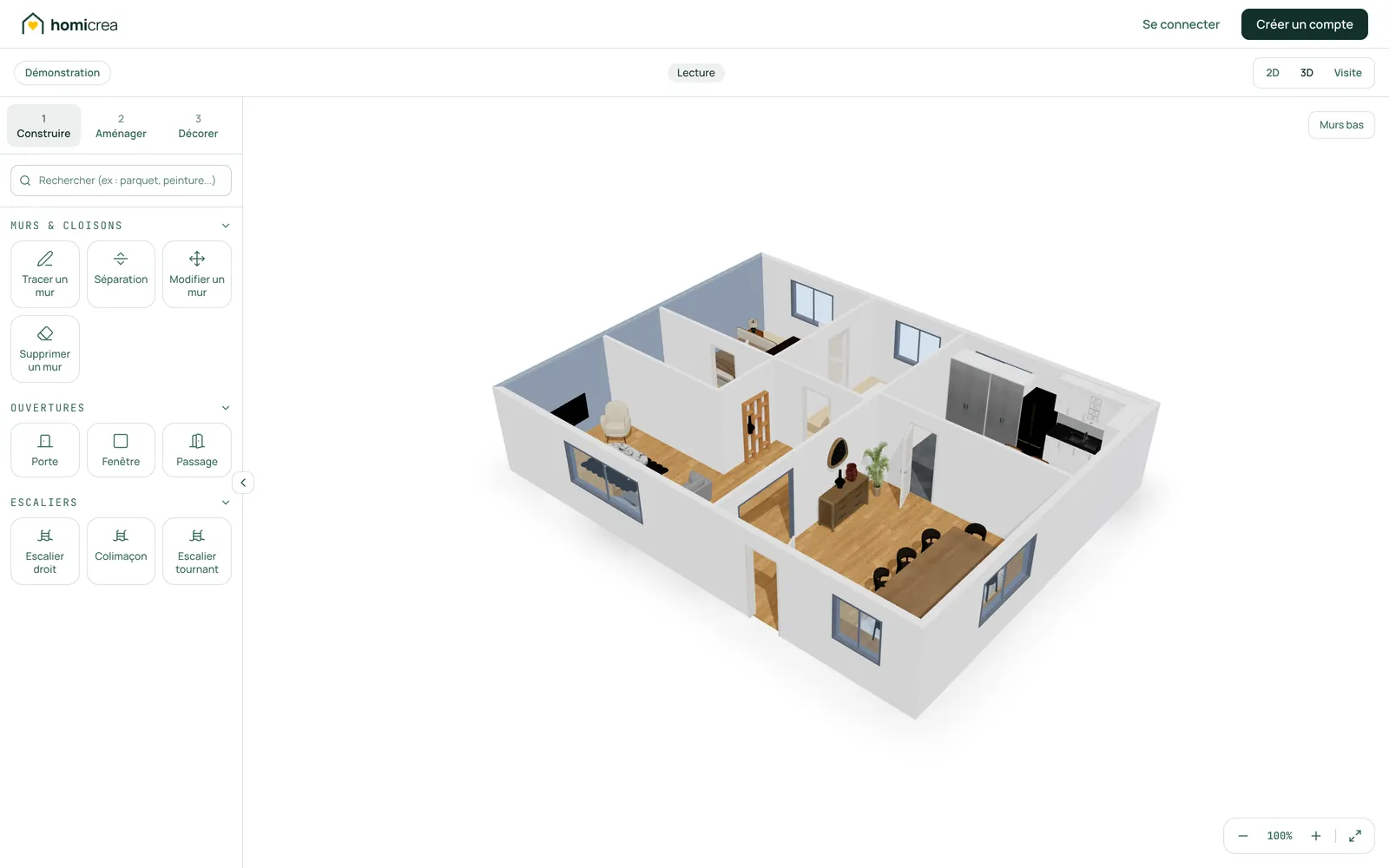 3D-vy av en möblerad lägenhet på Homicrea