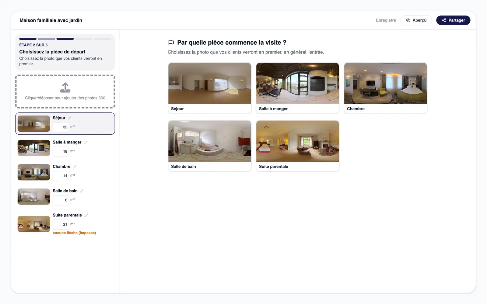 Éditeur de visite virtuelle IACrea : choix de la pièce de départ parmi les photos 360 importées