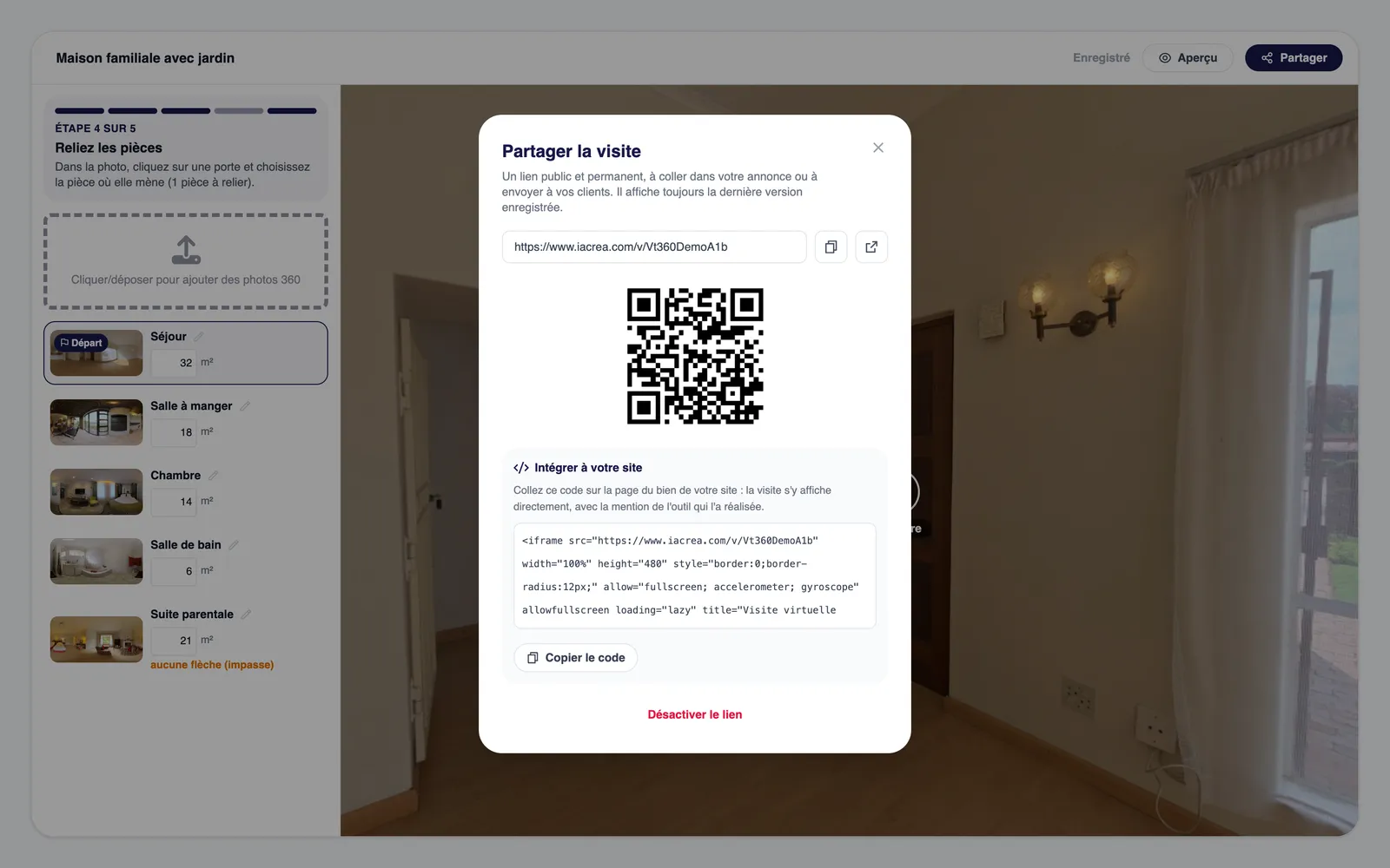 Fenêtre de partage de la visite virtuelle avec lien court, QR code et code d'intégration iframe