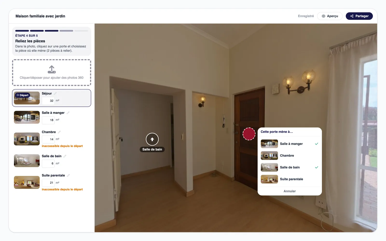 Éditeur de visite virtuelle : menu « Cette porte mène à… » ouvert sur une porte du séjour