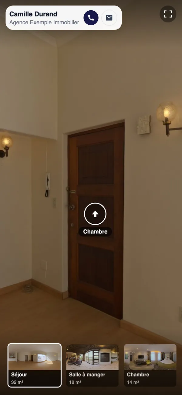 Visite virtuelle immobilière ouverte sur un téléphone, avec le bandeau des pièces et leurs surfaces