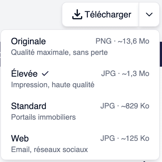 Download menu with quality and file size selection
