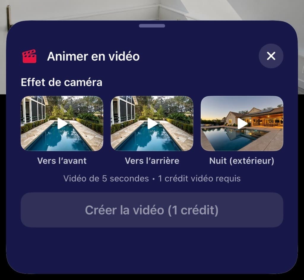 Modale Animer en vidéo de l'application mobile IACrea avec effets de caméra