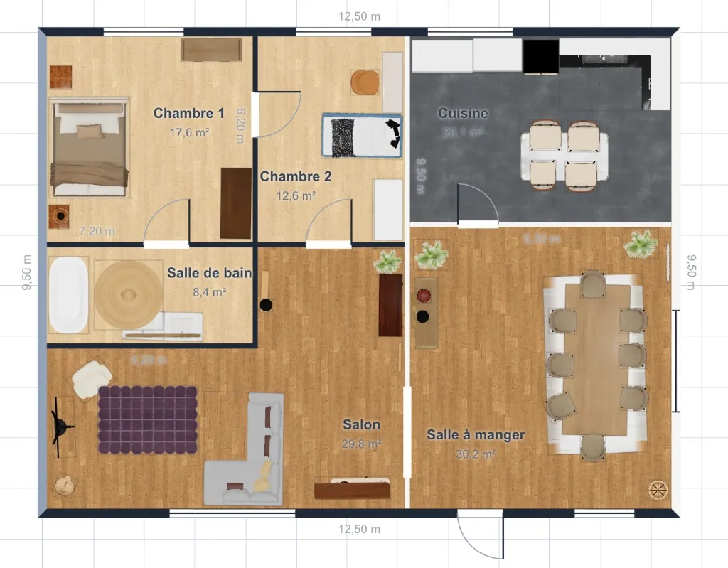 Planta de andar 2D mobiliada com superfícies e dimensões