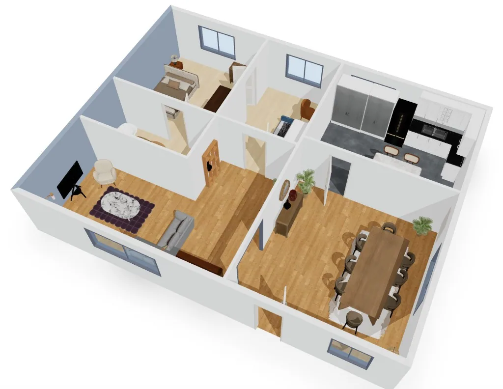 Vista 3D isométrica de um apartamento mobiliado