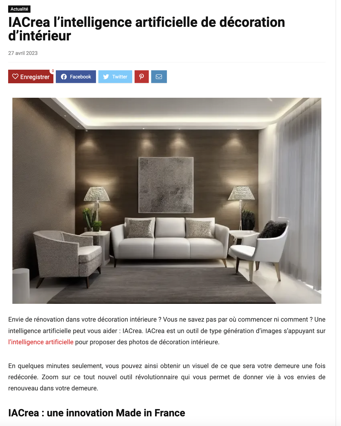 Article by Envie d'Entreprendre: the Made in France artificial intelligence for interior decoration