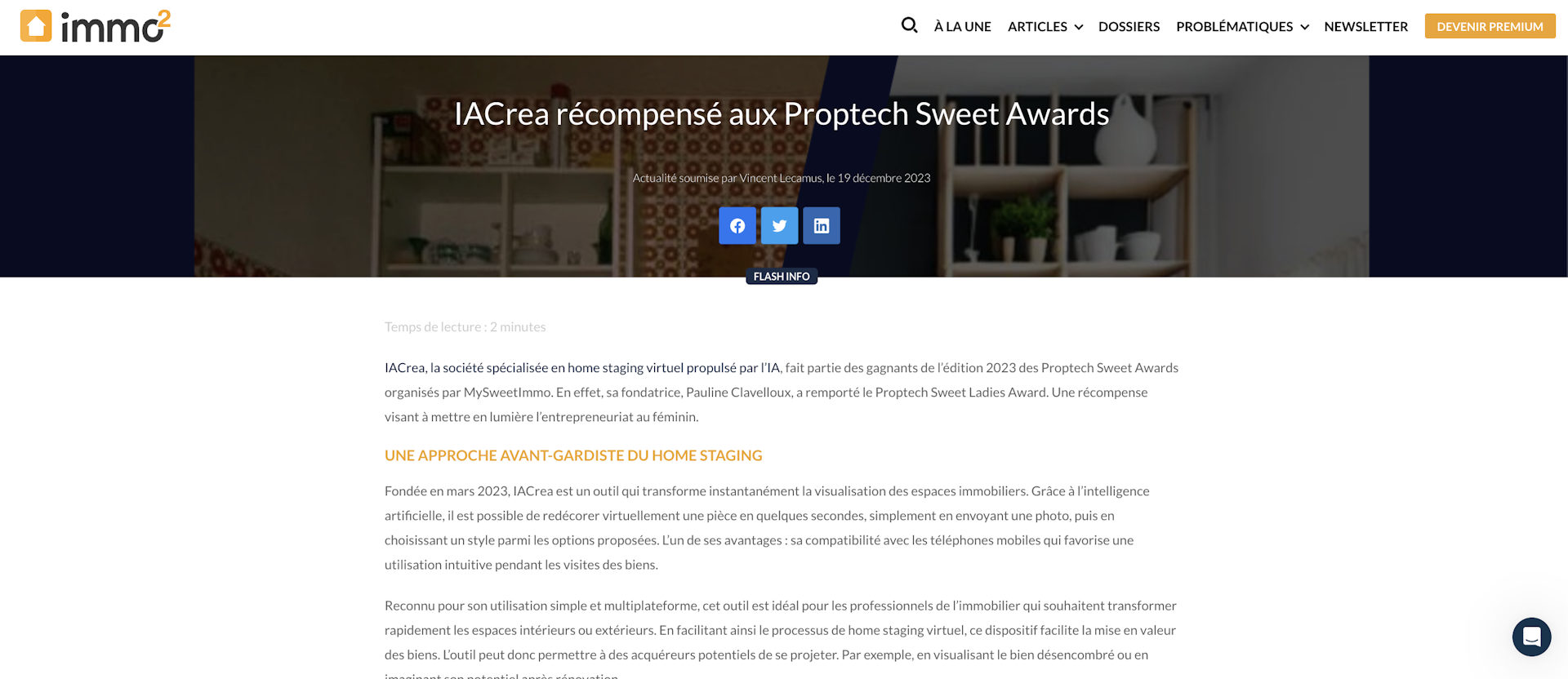 IACrea awarded at the Proptech Sweet Awards - Article by Immo2