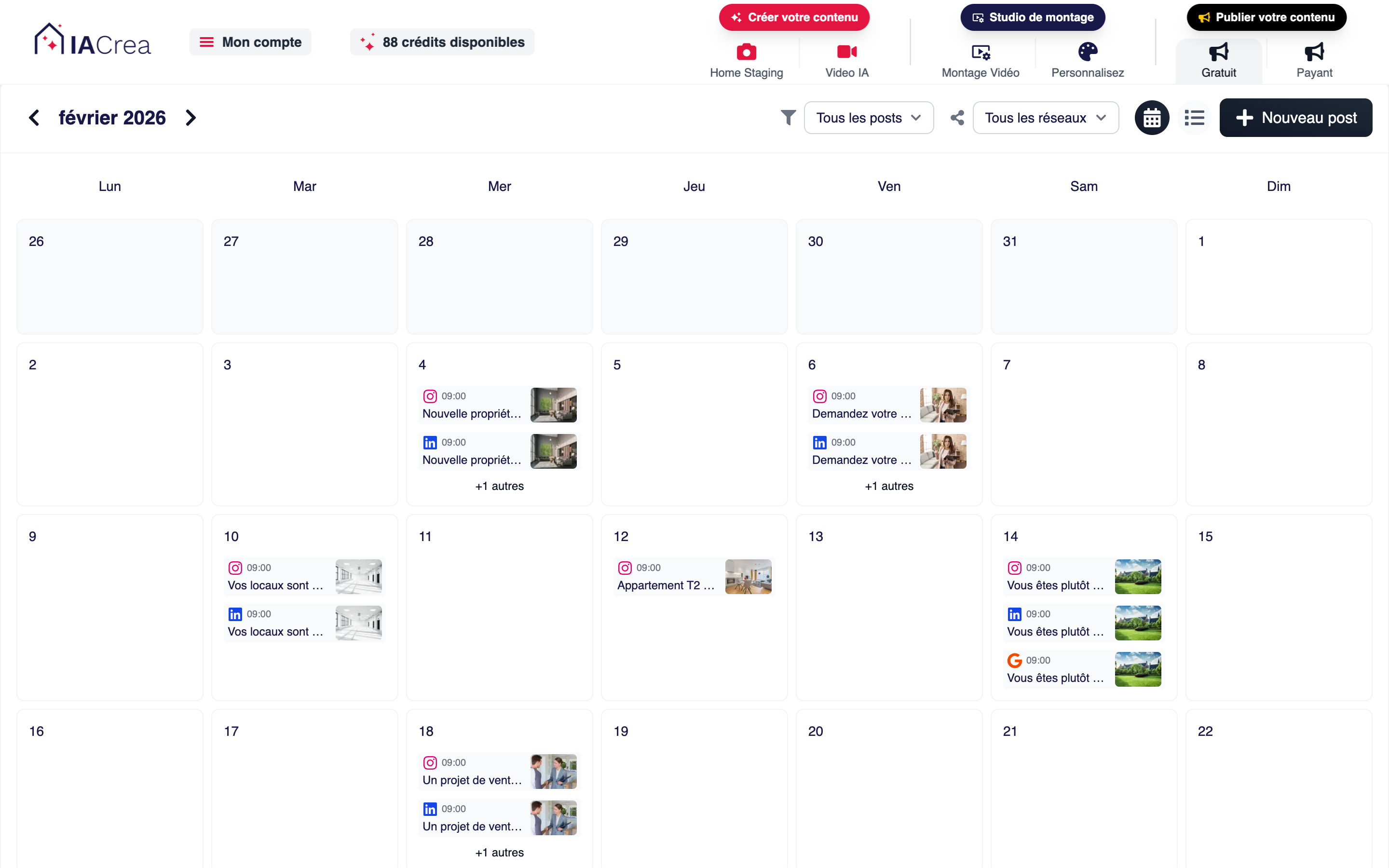 Instagram and Facebook post scheduling calendar in IACrea