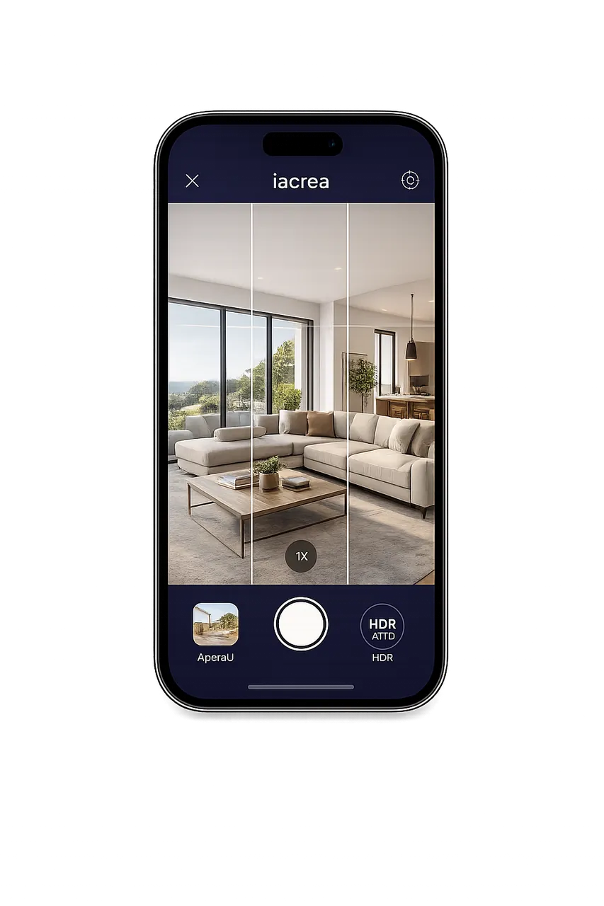 Interfaz de la app de fotos inmobiliarias IACrea - HDR y cielo azul en un clic